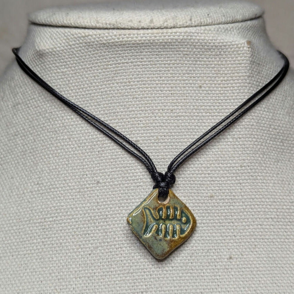 Fish Skeleton Pendant Ceramic Boho Hippie Sardine Handmade Adjustable Necklace